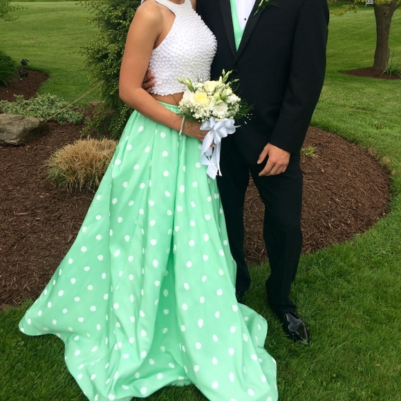 Sherri Hill Mint Polka Dot Two Piece Dress - Picture 1 of 4